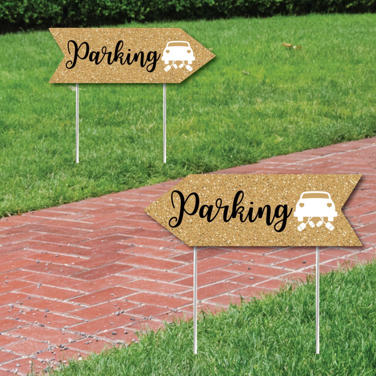 Big Dot of Happiness Gold Wedding Parking Signs - Wedding Sign Arrow - Double Sided Directional Yard Signs - Set of 2 Parking Signs